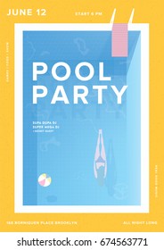 Pool party vertical poster. Open-air summer event placard. Colorful vector illustration.