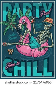 Pool party vintage colorful flyer the skeleton floats on inflatable flamingo in water to chill during summer holiday vector illustration