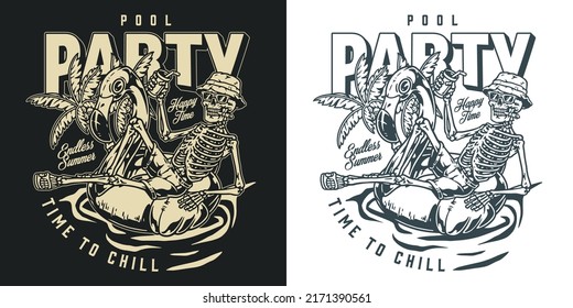 Pool party vintage monochrome poster skeleton tourist floats on inflatable flamingo spends summer holidays swimming with drink vector illustration