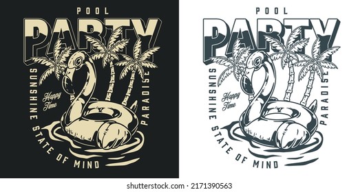 Pool party vintage monochrome poster inflatable flamingo ring floats in water among palm trees at summer resort vector illustration