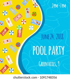 Pool patry banner or poster with bright design, vector graphic illustration