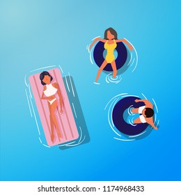 Pool people on floating tube. top view - vector illustration