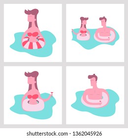 Pool people on lifebuoys. top view - vector illustration