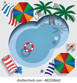 Pool. A place to relax.  View from above. Vector illustration.