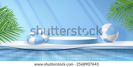 Pool podium display with light blue circular platform on poolside beside crystal water surface, striped inflatable ring and beach ball. Tropical summer scene with palm leaves for vacation promotion.