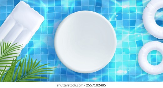 Pool podium scene with white circular platform on blue mosaic bottom and water surface with floating inflatable mattress, rings and palm leaves. Summer display setup for aquatic presentation.