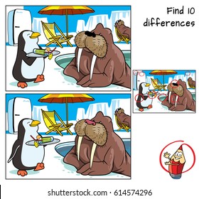 Pool at the Pole. Penguin is carrying a cocktail for walrus. Find 10 differences. Educational game for children. Cartoon vector illustration