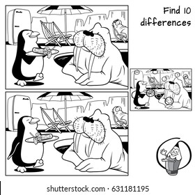 Pool at the Pole. Penguin is carrying a cocktail for walrus. Find 10 differences. Educational game for children. Black and white cartoon vector illustration