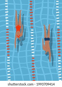 Pool race - people in sport competition swimming in blue water inside lane lines. Swimmers man and woman crawl in the pool. View from above. Flat poster vector illustration of swimmer athletes