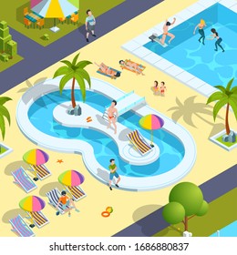 Pool relax people. Traveller in resort hotel swimming enjoying kids playing in water luxury holidays vector isometric persons