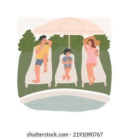 Pool Relaxation Isolated Cartoon Vector Illustration. Family Members Laying Under An Umbrella, Backyard Pool Relaxation, Sunbathing Leisure Time, Drinking Tropical Ice Cocktail Vector Cartoon.