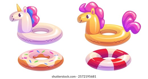 Pool ring collection set - inflatable unicorn floater, yellow horse swim tube, donut with colorful sprinkles, striped lifebuoy in red and white pattern. Summer beach activities swimming accessory.