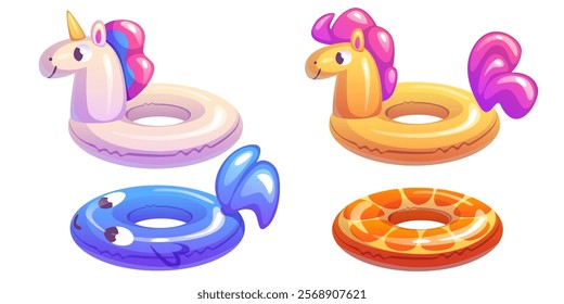 Pool ring set with cute animal designs - inflatable unicorn, swimming tube with horse head, fish shaped equipment and orange citrus rubber circle. water games and summer recreation accessories.