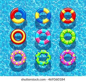 Pool rings on the blue ocean water background vector illustration