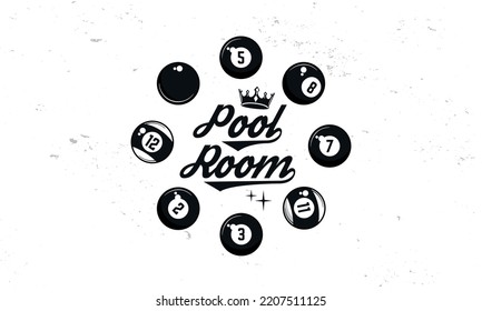 Plantilla de logotipo de Pool Room. Logo de Billiard. Texto con corona dentro de bolas de billar en forma de círculo aislado en fondo blanco. emblema del vector