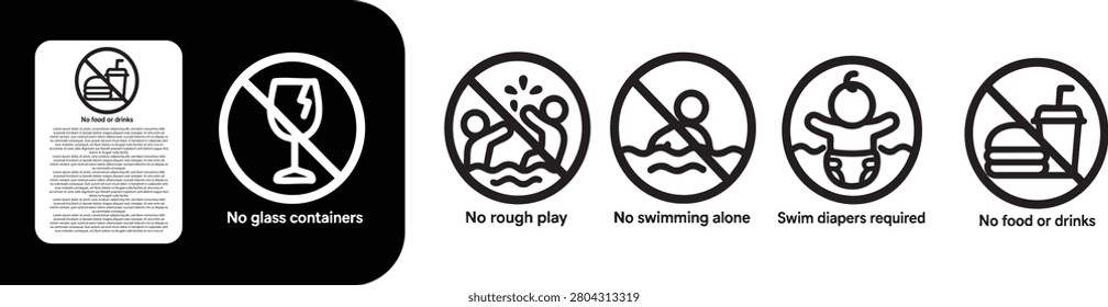 Pool Safety Warning Icons Set, No glass containers, No rough play, No swimming alone, Swim diapers required, No food or drinks