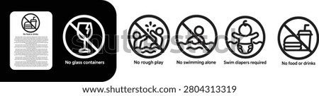 Pool Safety Warning Icons Set, No glass containers, No rough play, No swimming alone, Swim diapers required, No food or drinks