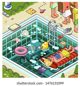 Pool scene with man on air mattress, inflatable toys, a sunken car
and drowned person (illustration in isometric view)