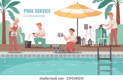 Pool service cartoon background with workers in uniform cleaning swimming pool with tools and chemicals vector illustration