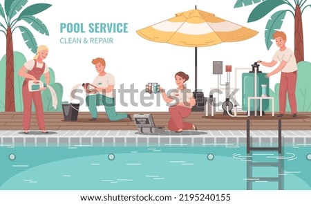 Pool service cartoon background with workers in uniform cleaning swimming pool with tools and chemicals vector illustration
