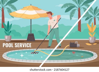 Pool service cartoon composition with man cleaning swimming outdoor pool with vacuum cleaner vector illustration