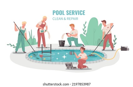 Pool service clean and repair cartoon background depicting workers team with net vacuum cleaner and chemicals flat vector illustration