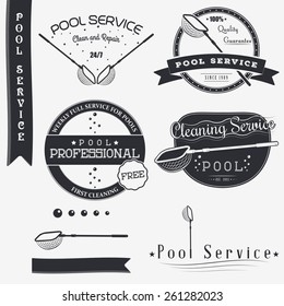 Pool Service. Clean And Repair. Set Of Typographic Badges Design Elements, Designers Toolkit. Flat Vector Illustration