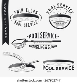 Pool Service. Clean And Repair. Set Of Typographic Badges. Flat Vector Illustration