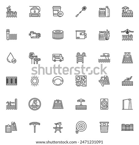 Pool service line icons set. linear style symbols collection, outline signs pack. Swimming pool maintenance vector graphics. Set includes icons as poolside chair, pool cleaning, water testing, skimmer
