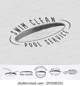 Pool Service. Maintenance and Cleaning. Repair and adjustment of the house. Old retro vintage grunge. Monochrome typographic labels, stickers, logos and badges. Flat vector illustration