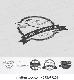 Pool Service. Maintenance and Cleaning. Repair and adjustment of the house. Old retro vintage grunge. Monochrome typographic labels, stickers, logos and badges. Flat vector illustration