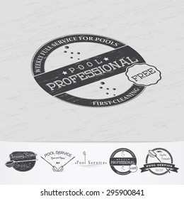 Pool Service. Maintenance and Cleaning. Repair and adjustment of the house. Old retro vintage grunge. Monochrome typographic labels, stickers, logos and badges. Flat vector illustration