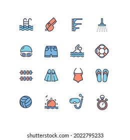 Color de la señal de la piscina Línea delgada Juego de iconos Incluye Stopwatch, Flippers, Ball y Swimsuit. Iconos vectoriales