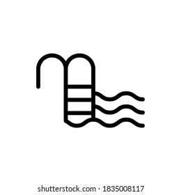 Pool sign. Linear icon of swimming ladder with handrail, steps, waves. Black simple illustration of pier, entrance and exit from water, sea, ocean. Contour isolated vector pictogram, white background