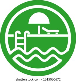 Pool sign. Swimming water. Sunbath hut and bed. Flat minimalist line design. Circular shape Green background white vector. product brand service label banner board display. App icon.