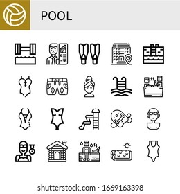 pool simple icons set. Contains such icons as Beach ball, Hydrotherapy, Real estate, Flippers, Hotel, Swimming pool, Swimsuit, Relax, Pool, can be used for web, mobile and logo