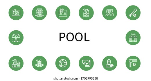 pool simple icons set. Contains such icons as Fish therapy, Hotel, Swimming pool, Life jacket, Swimsuit, Baseball ball, Sauna, Pool, Beach ball, can be used for web, mobile and logo