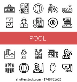 pool simple icons set. Contains such icons as Sauna, Air hockey, Real estate, Doorman, Beach ball, Hotel, Water slide, Billiard, Swimming pool, can be used for web, mobile and logo