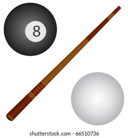 Pool / Snooker Cue, White And Black Balls.