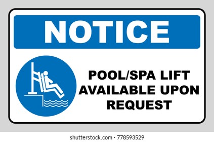 Pool and spa lift for disabled sign. Disability people information flat icons isolated on white background. Blue mandatory symbol. White simple pictogram. Notice banner.