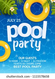 Pool summer party invitation banner flyer design. Water and palm inflatable yellow mattress. Pool party template poster.