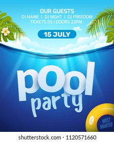 Pool summer party invitation banner flyer design. Water and palm inflatable yellow mattress. Pool party template poster.