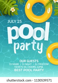 Pool summer party invitation banner flyer design. Water and palm inflatable yellow mattress. Pool party template poster.