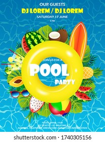 Pool summer party invitation banner. Water and palm inflatable yellow mattress, summer paraphernalia, surf board
