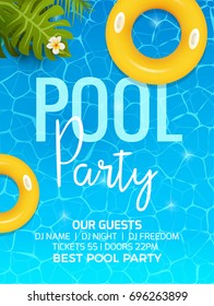 Pool summer party invitation template invitation. Pool party invitation with palm. Poster or flyer vector design.