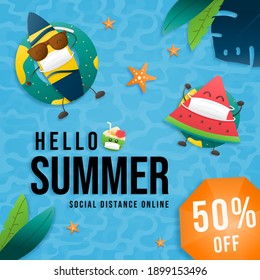 Pool summer sale online design top view with watermelon and surfboard on the swim ring in the background of the pool. Decorate with coconut and palm tree layout banners. Vector illustration template.