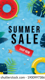 Pool summer sale online design top view with watermelon swim ring in the background of the pool. Decorate with palm leaf layout banners. Vector illustration template. Hello, Summer Holiday backdrop.