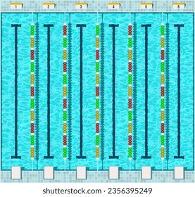 Pool swim lanes top view. Empty water surface