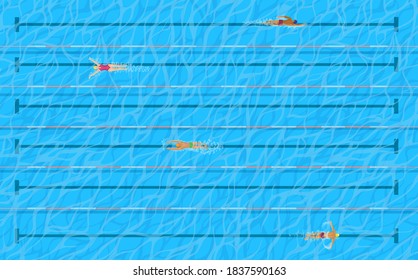 Piscina con bañistas en la parte superior de los carriles, diseño de deportes de agua vectorial. Piscina de carreras con natación, hombres y mujeres con ropa de baño y gorras, agua azul, cuerdas de carril desnudas y marcas