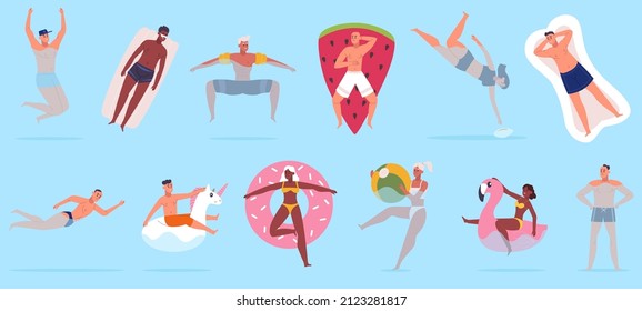 Pool swimming characters, people floating in sea with rubber swim toys. Relaxing summer beach vacation, pool activities vector illustration set. Swimming characters on watermelon, flamingo and donut